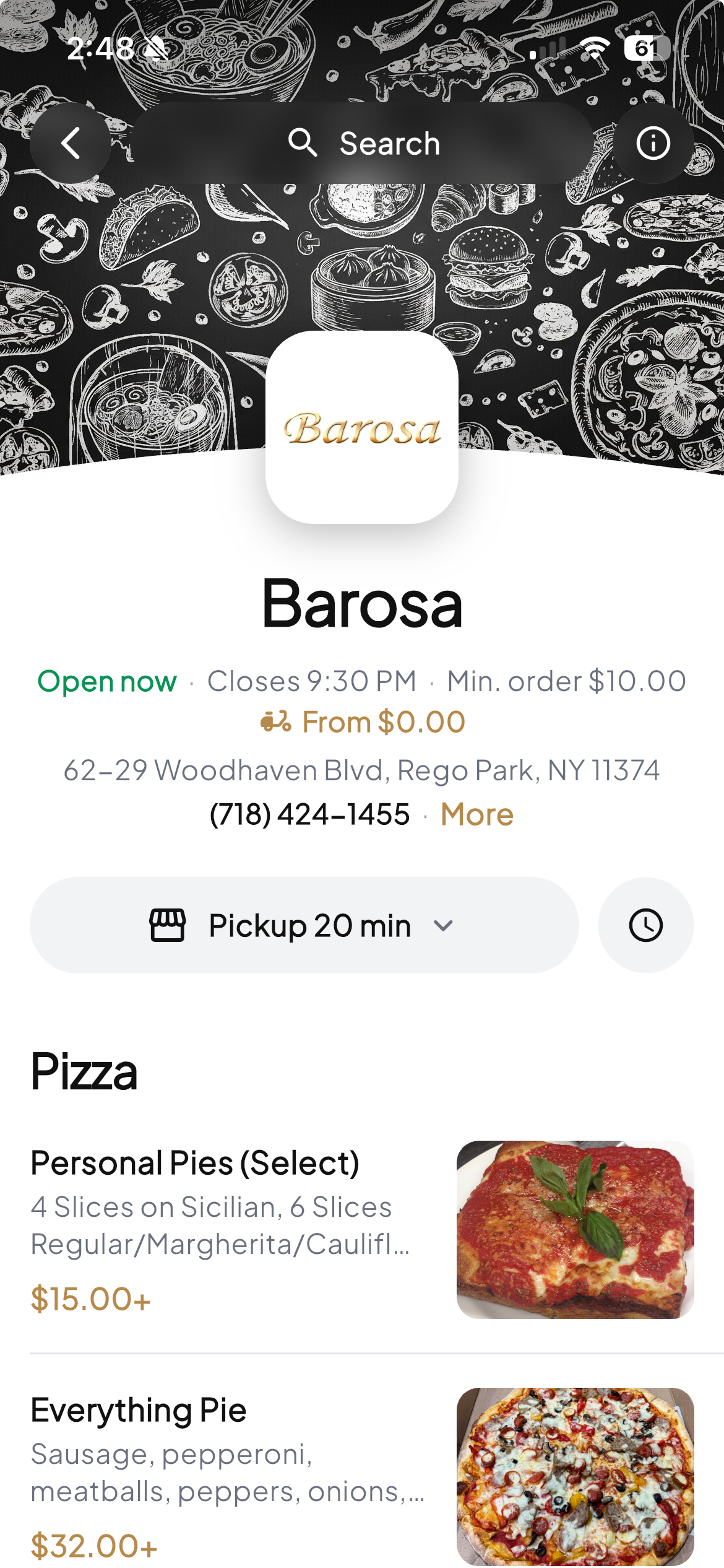 Barosa app showing the menu and pickup options
